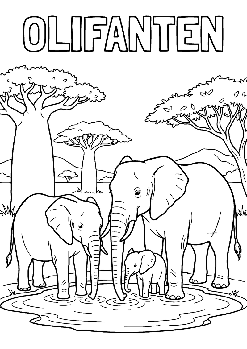 Kleurplaat van drie olifanten bij een drinkplaats met baobab en acaciabomen