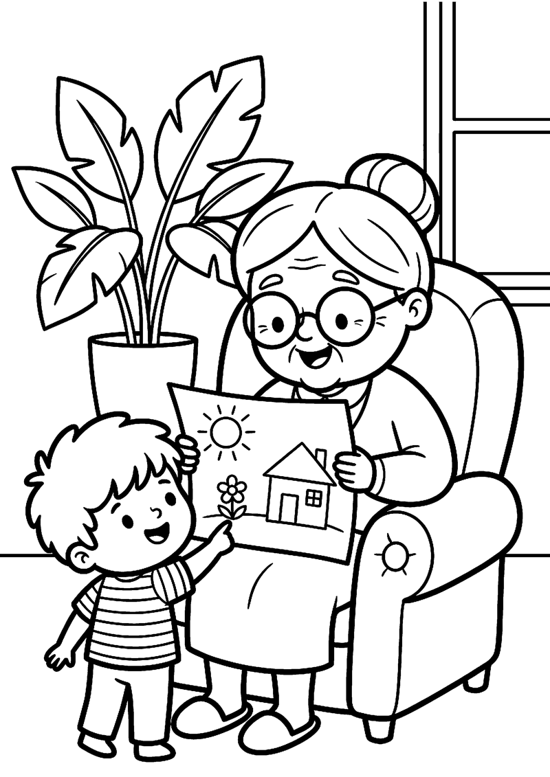 Oma Bekijkt Blij een Tekening van een Kind Oma Kleurplaat — gratis kleurplaat
