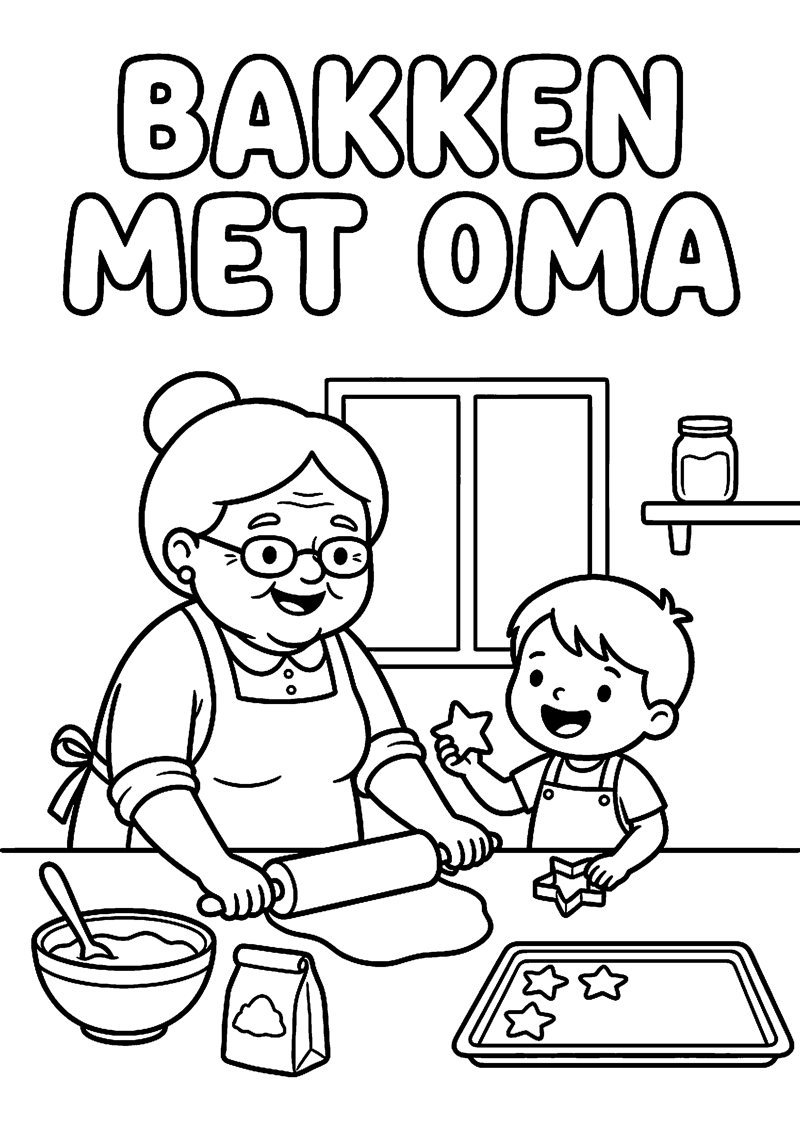 Oma en Kind Bakken Samen Koekjes met Tekst Bakken met Oma Oma Kleurplaat — gratis kleurplaat