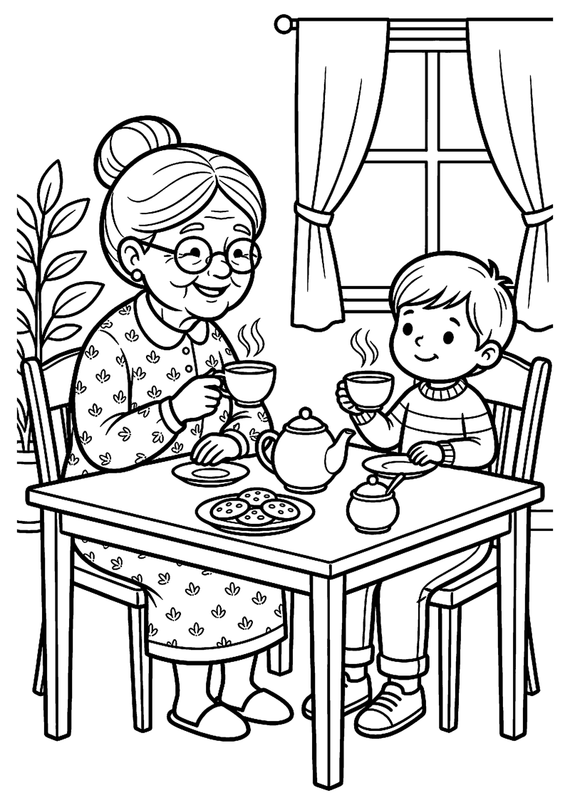Oma en Kind Drinken Samen Thee aan Tafel met Koekjes Oma Kleurplaat — gratis kleurplaat