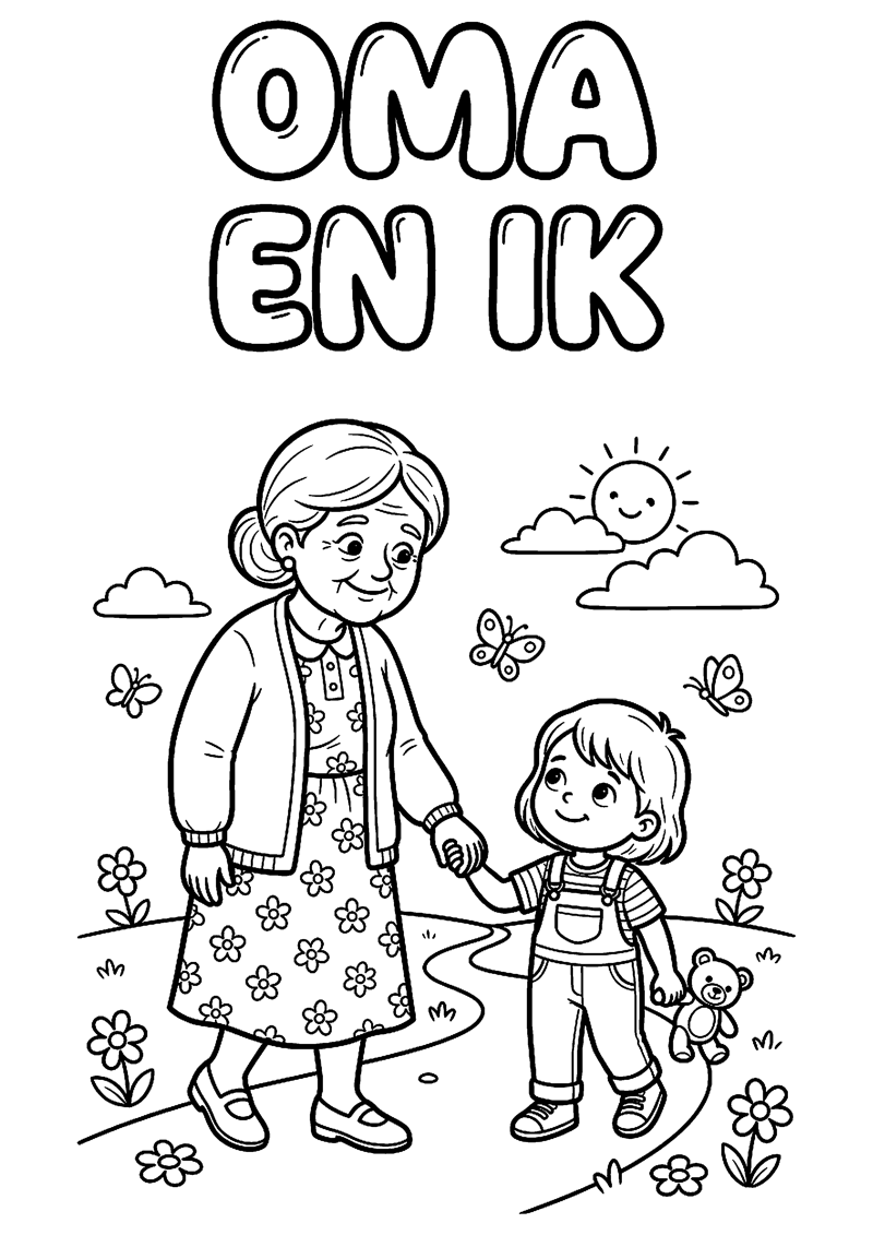 Oma en Kind Hand in Hand met Tekst Oma en Ik Oma Kleurplaat — gratis kleurplaat