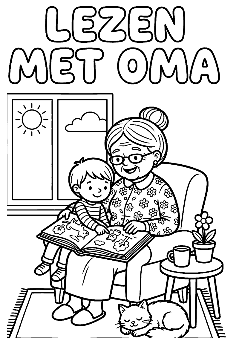 Oma en Kind Lezen Samen een Boek met Tekst Lezen met Oma Oma Kleurplaat — gratis kleurplaat