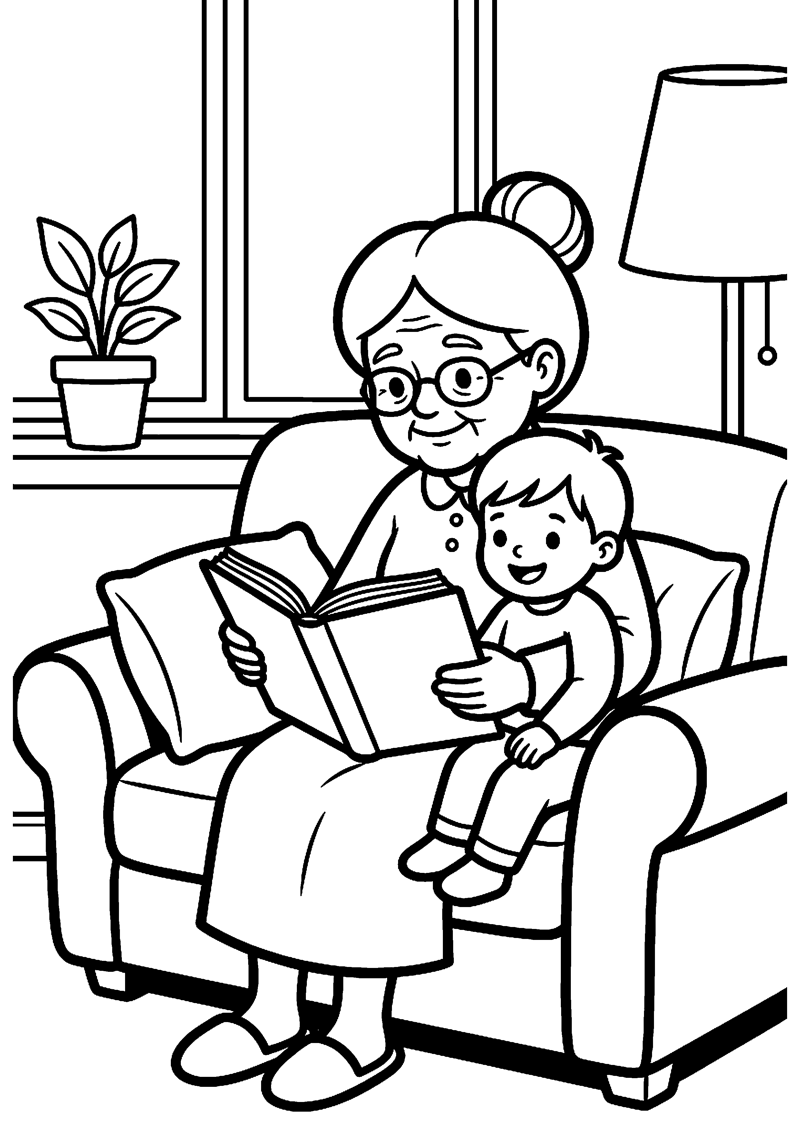 Oma en Kind Lezen Samen een Boek op de Bank Oma Kleurplaat — gratis kleurplaat