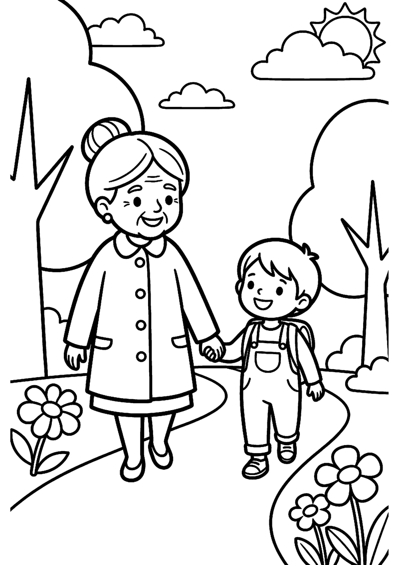 Oma en Kind Lopen Hand in Hand Oma Kleurplaat — gratis kleurplaat printen