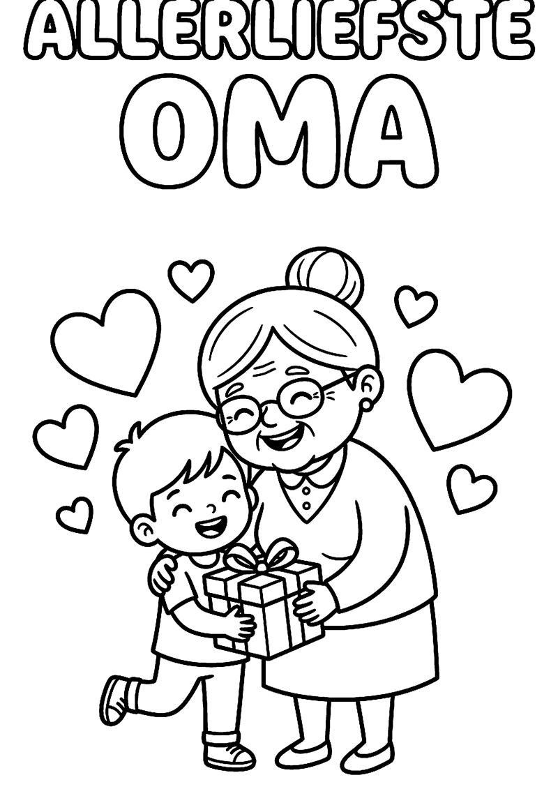 Oma en Kind met Hartjes en Cadeau met Tekst Allerliefste Oma Oma Kleurplaat — gratis kleurplaat