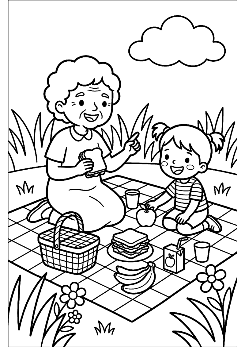 Oma en Kind op Picknickkleed met Eten en Drinken Oma Kleurplaat — gratis kleurplaat