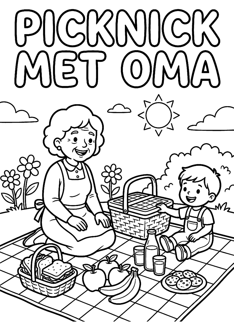 Oma en Kind op Picknickkleed met Tekst Picknick met Oma Oma Kleurplaat — gratis kleurplaat