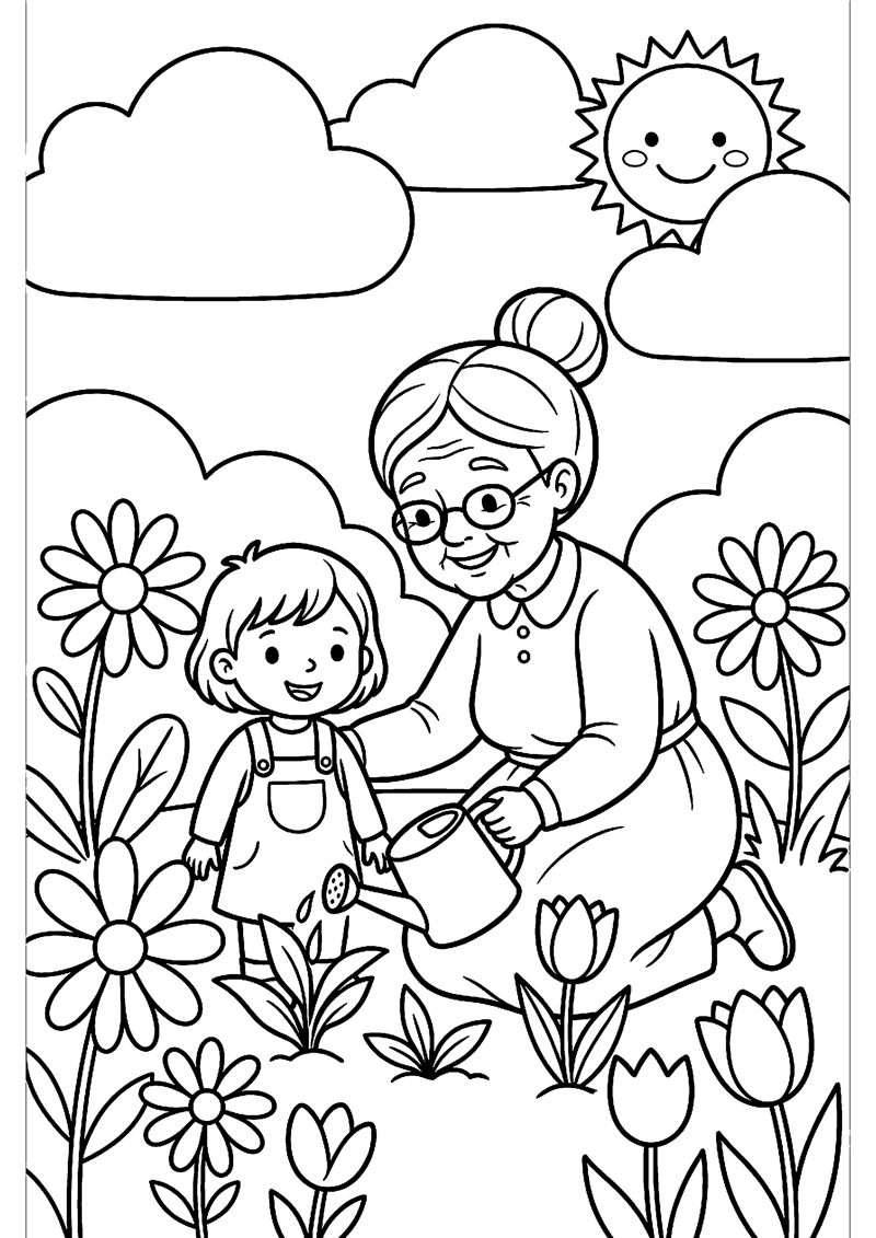 Oma en Kind Samen in de Tuin met Bloemen en Gietertje Oma Kleurplaat — gratis kleurplaat