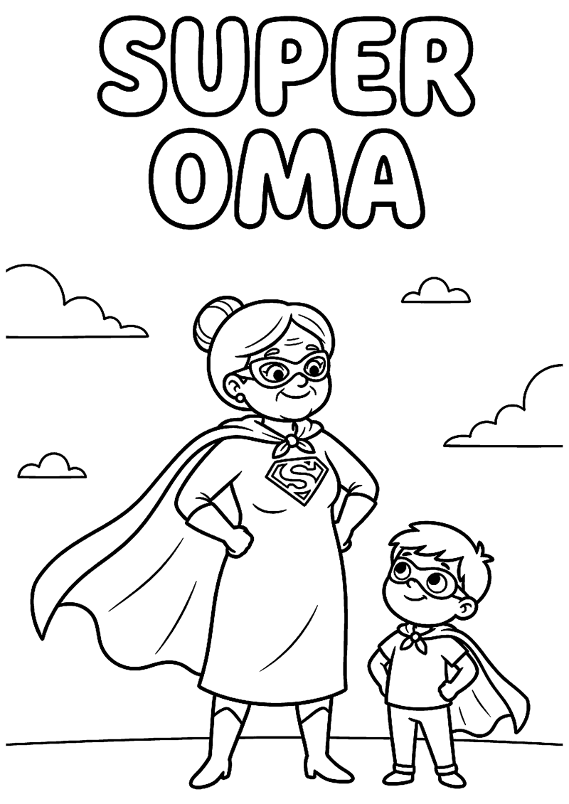 Oma in Superheldinnenstijl met Cape met Kind Ernaast met Tekst Super Oma Oma Kleurplaat — gratis kleurplaat
