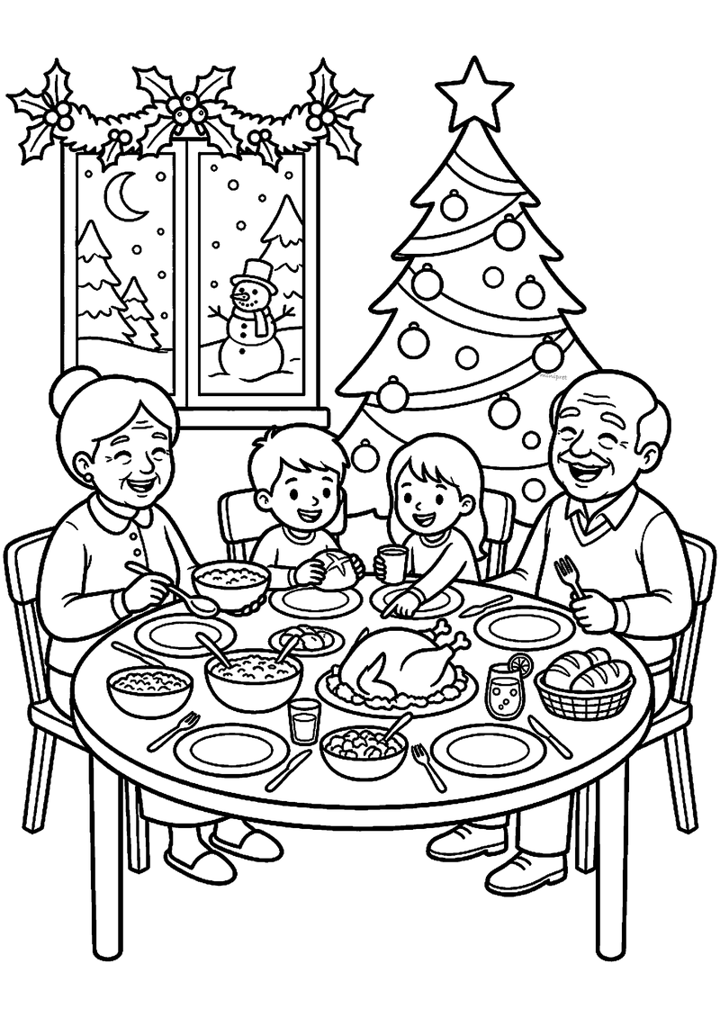 Kleurplaat van oma, opa en twee kleinkinderen aan ronde tafel met kalkoen, soepkommen en glazen voor kerstdiner.
