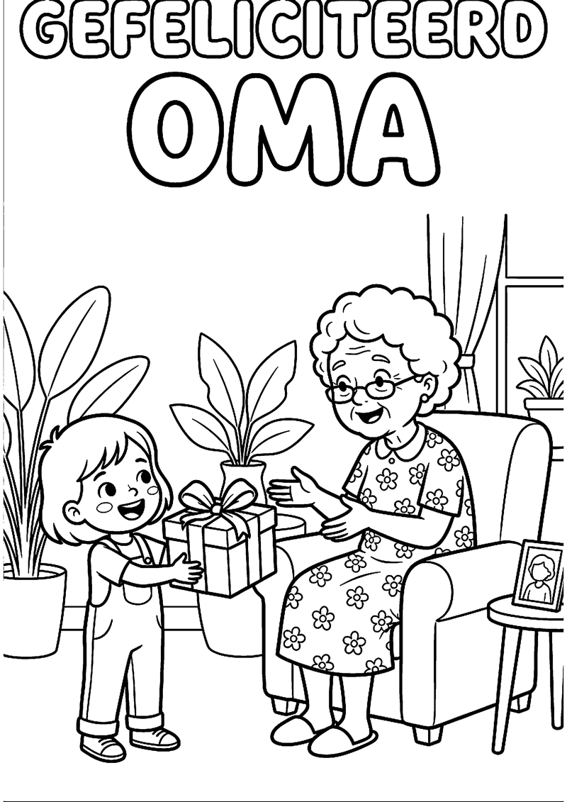 Oma Krijgt Cadeau van Kind met Tekst Gefeliciteerd Oma Oma Kleurplaat — gratis kleurplaat