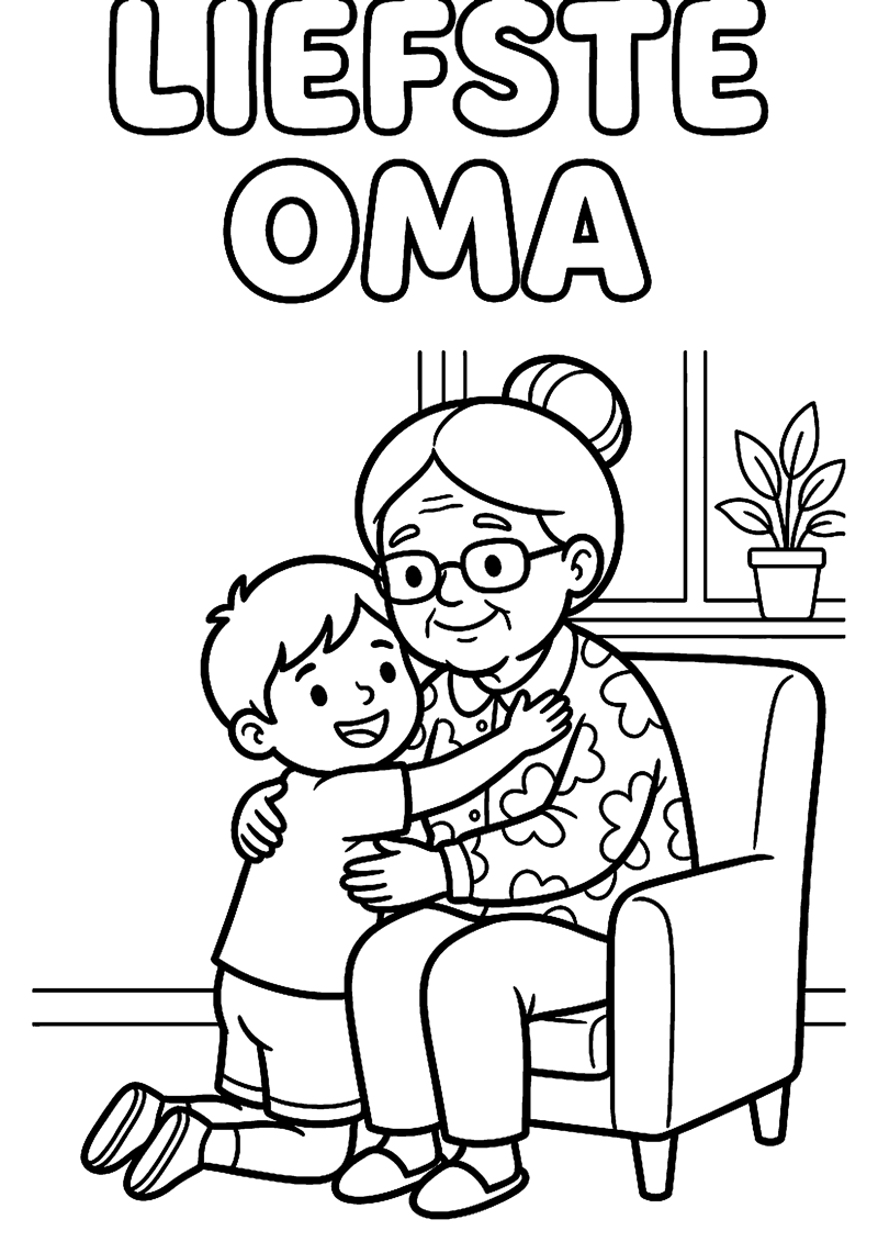 Oma Krijgt Knuffel van Kind met Tekst Liefste Oma Oma Kleurplaat — gratis kleurplaat