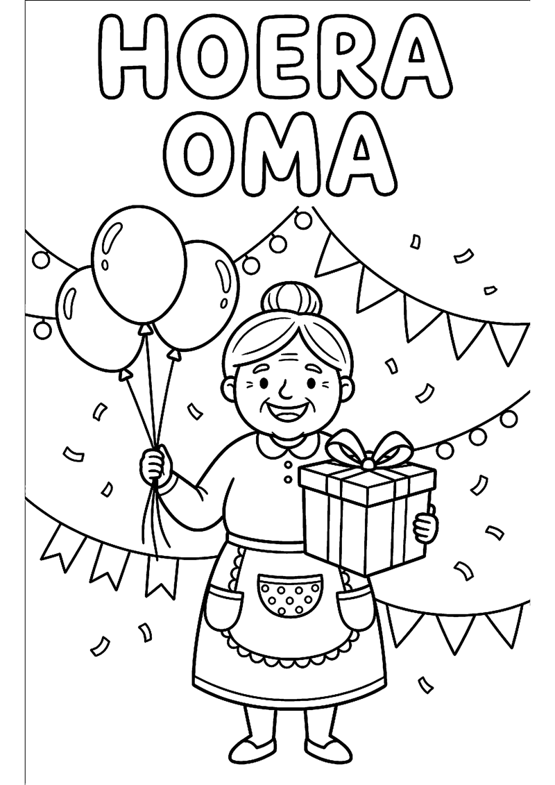 Oma met Ballonnen Slingers en Cadeau met Tekst Hoera Oma Oma Kleurplaat — gratis kleurplaat