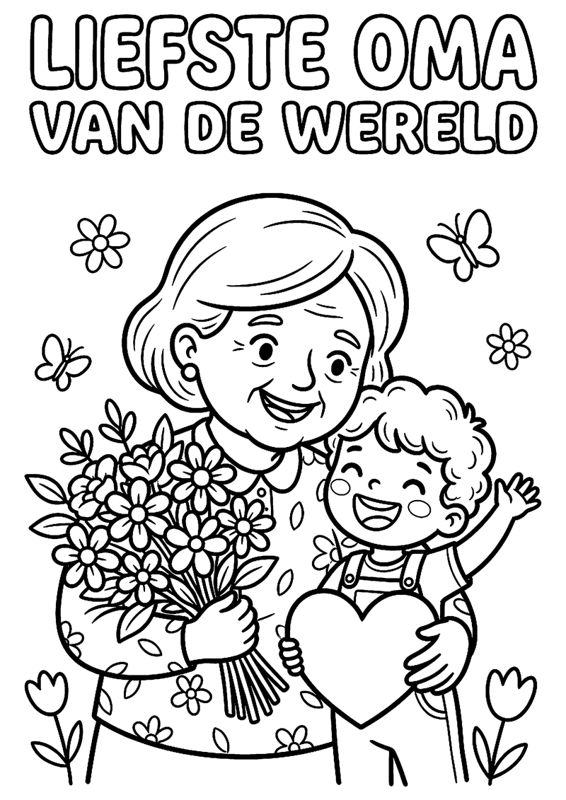 Oma met Bloemen en Hartje met Blij Kind met Tekst Liefste Oma van de Wereld Oma Kleurplaat — gratis kleurplaat