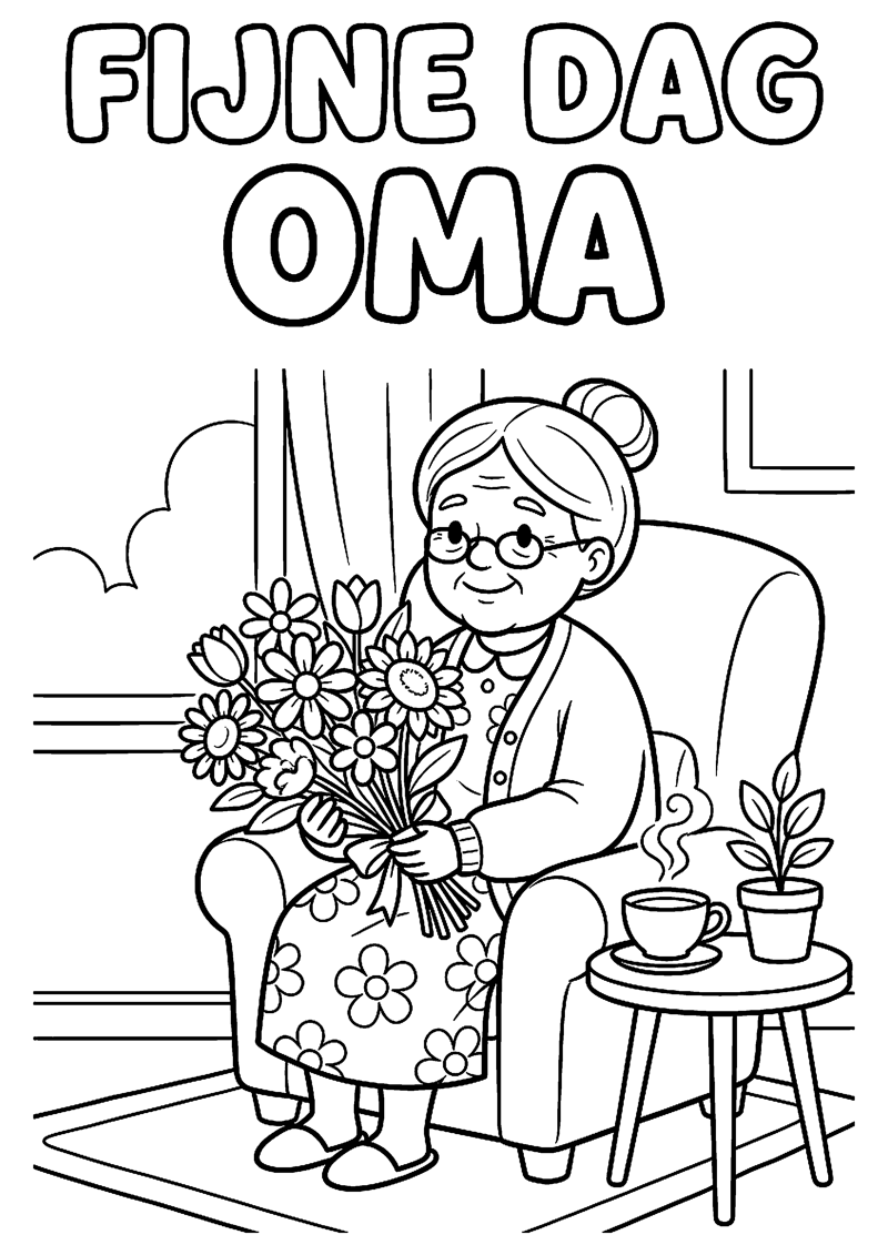 Oma met Bloemen en Kopje Thee met Tekst Fijne Dag Oma Oma Kleurplaat — gratis kleurplaat
