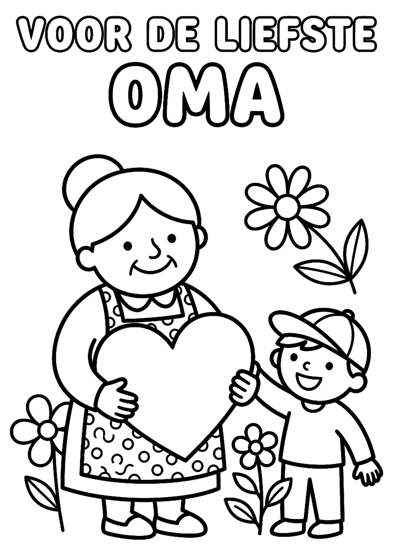 Oma met Groot Hart en Kind Ernaast met Tekst voor de Liefste Oma Oma Kleurplaat — gratis kleurplaat