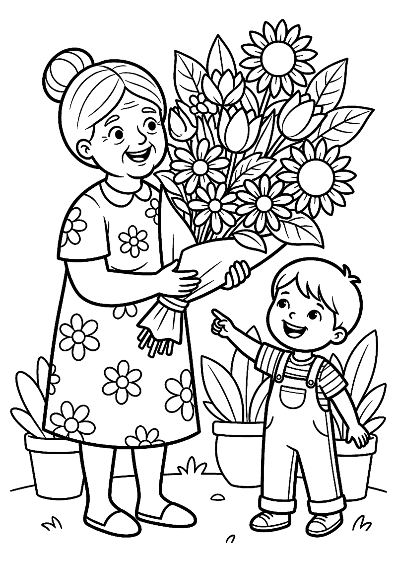 Oma met Grote Bos Bloemen en Kind Trots Ernaast Oma Kleurplaat — gratis kleurplaat