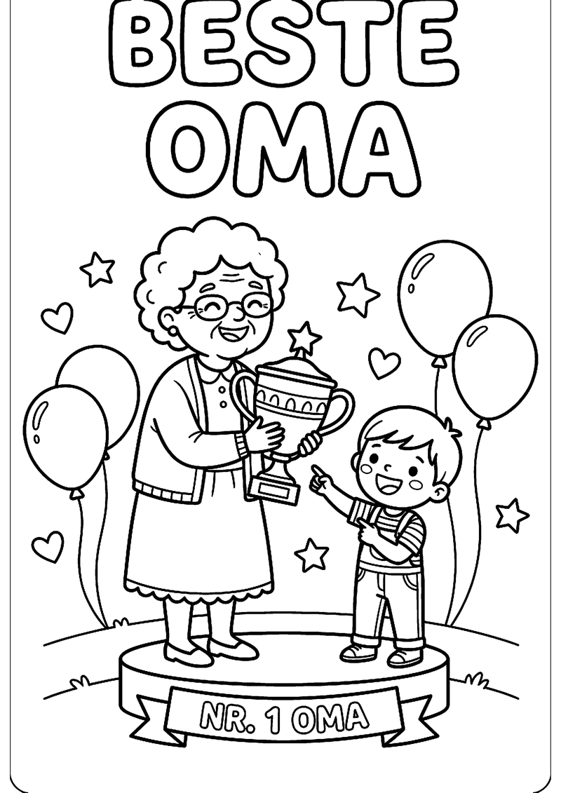 Oma met Trofee en Kind Trots Ernaast met Tekst Beste Oma Oma Kleurplaat — gratis kleurplaat printen