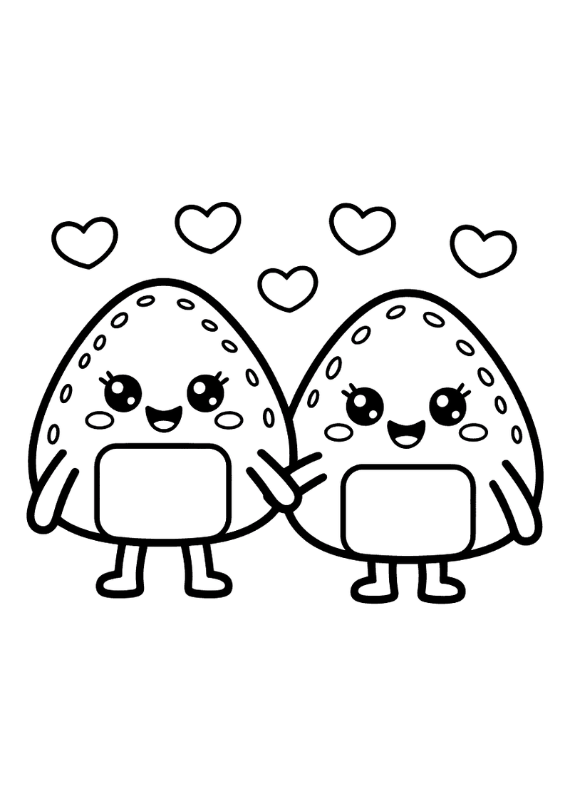 Kleurplaat van twee kawaii onigiri rijstballetjes met armpjes die naast elkaar staan onder hartjes.