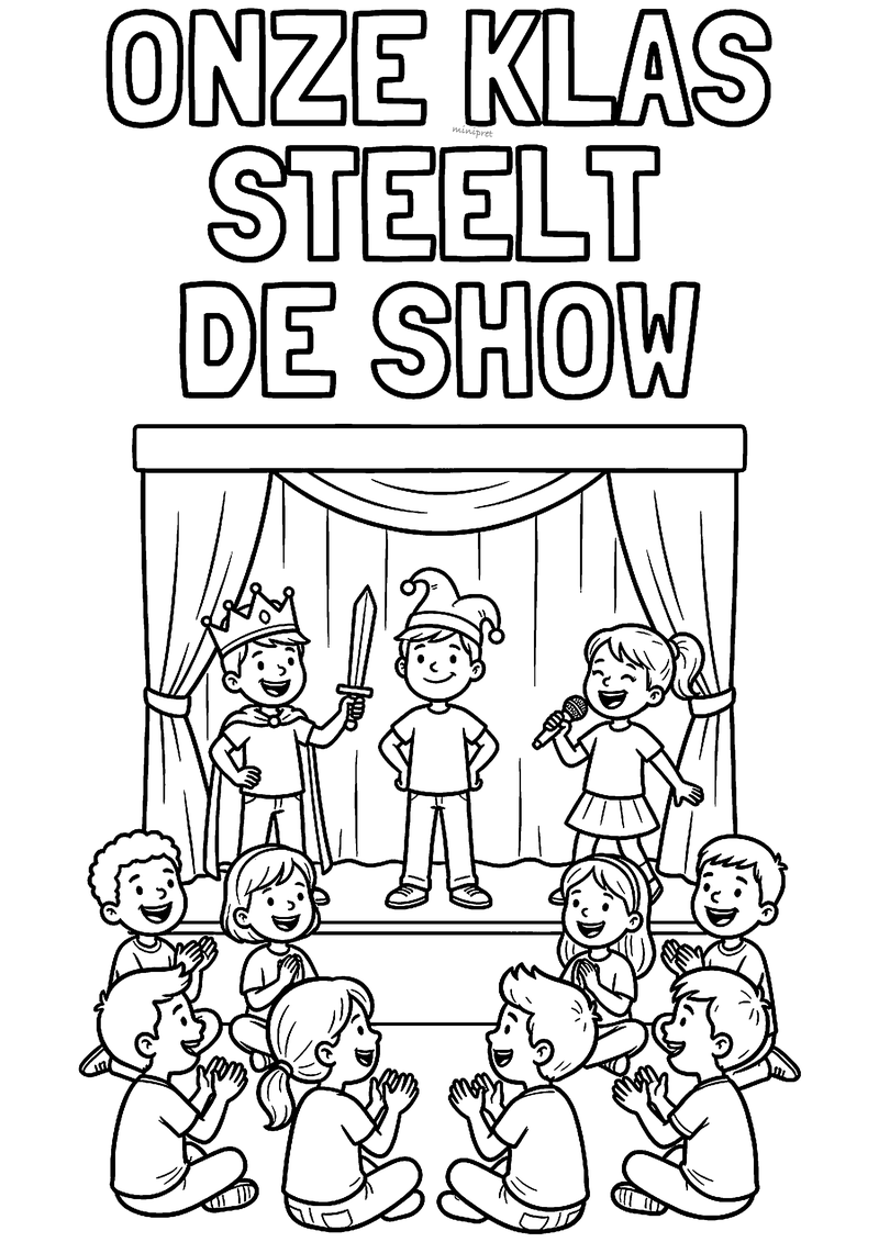 Kleurplaat van een koning, een nar en een zangeres op een theaterpodium met een klappend publiek