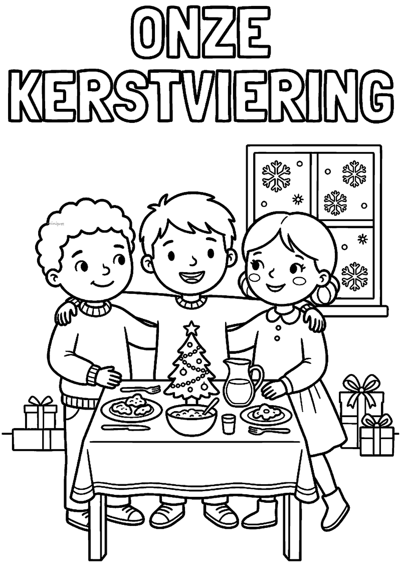 Kleurplaat van drie kinderen aan tafel met soep, koekjes en mini-kerstboom, met titel ONZE KERSTVIERING bovenaan.