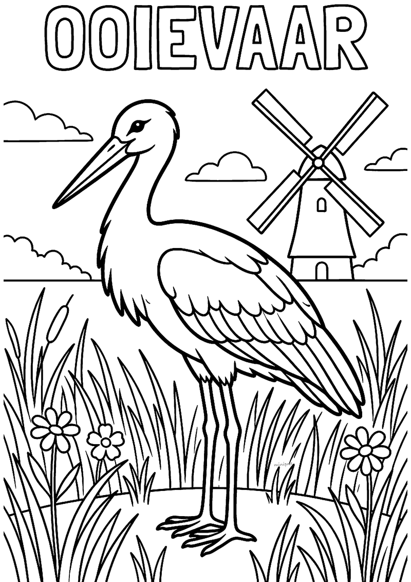 Kleurplaat van een ooievaar in het hoge gras met een molen en wolken op de achtergrond