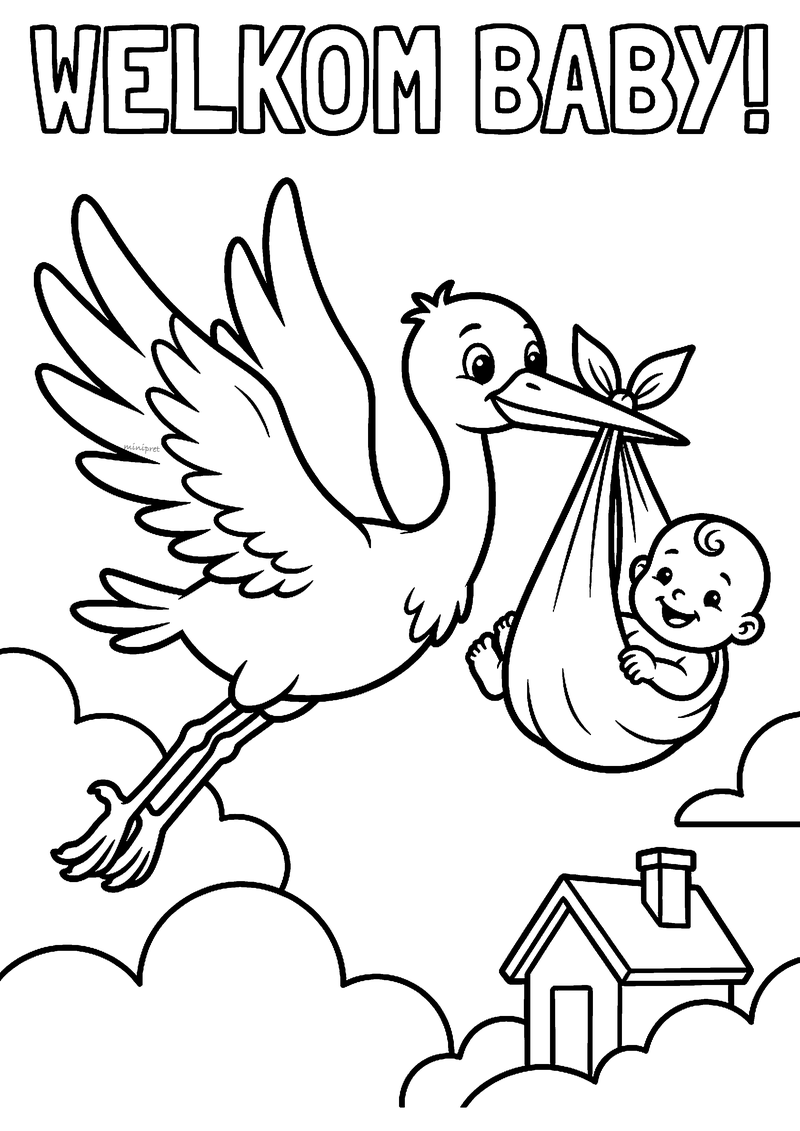 Kleurplaat van een ooievaar met een lachende baby in een doek boven wolken en een huisje, met de tekst Welkom baby