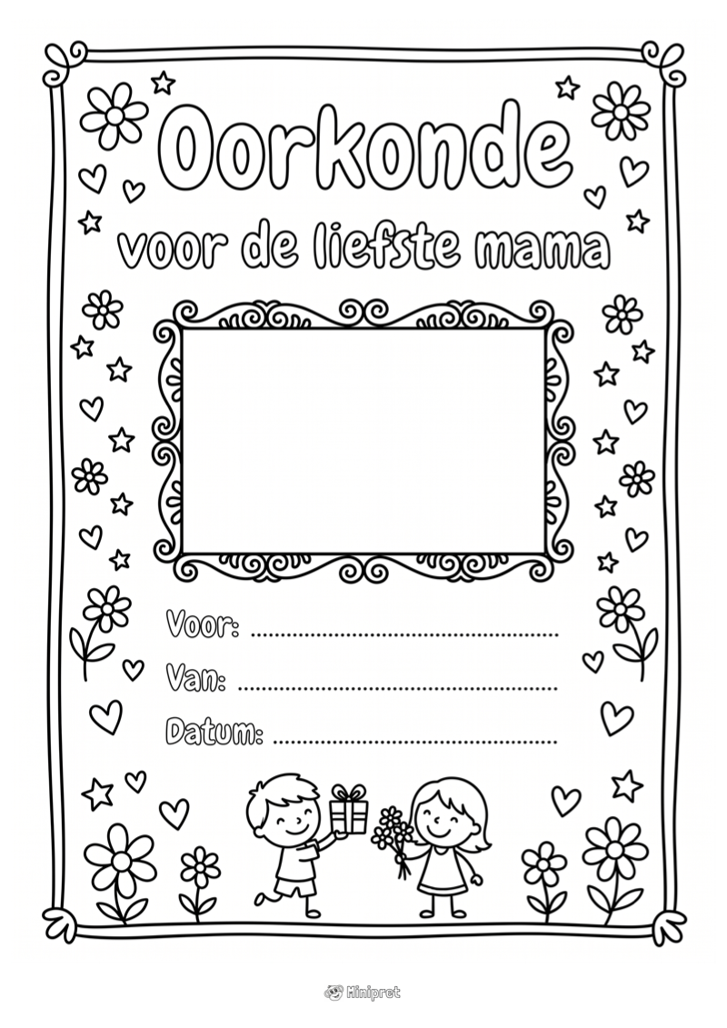 Oorkonde liefste mama — gratis kleurplaat printen