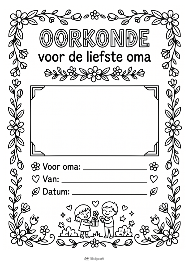Oorkonde liefste oma — gratis kleurplaat printen