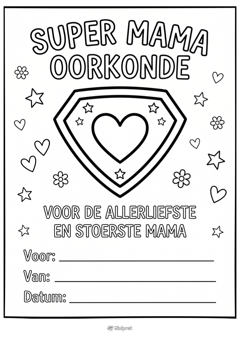 Oorkonde super mama — gratis kleurplaat printen