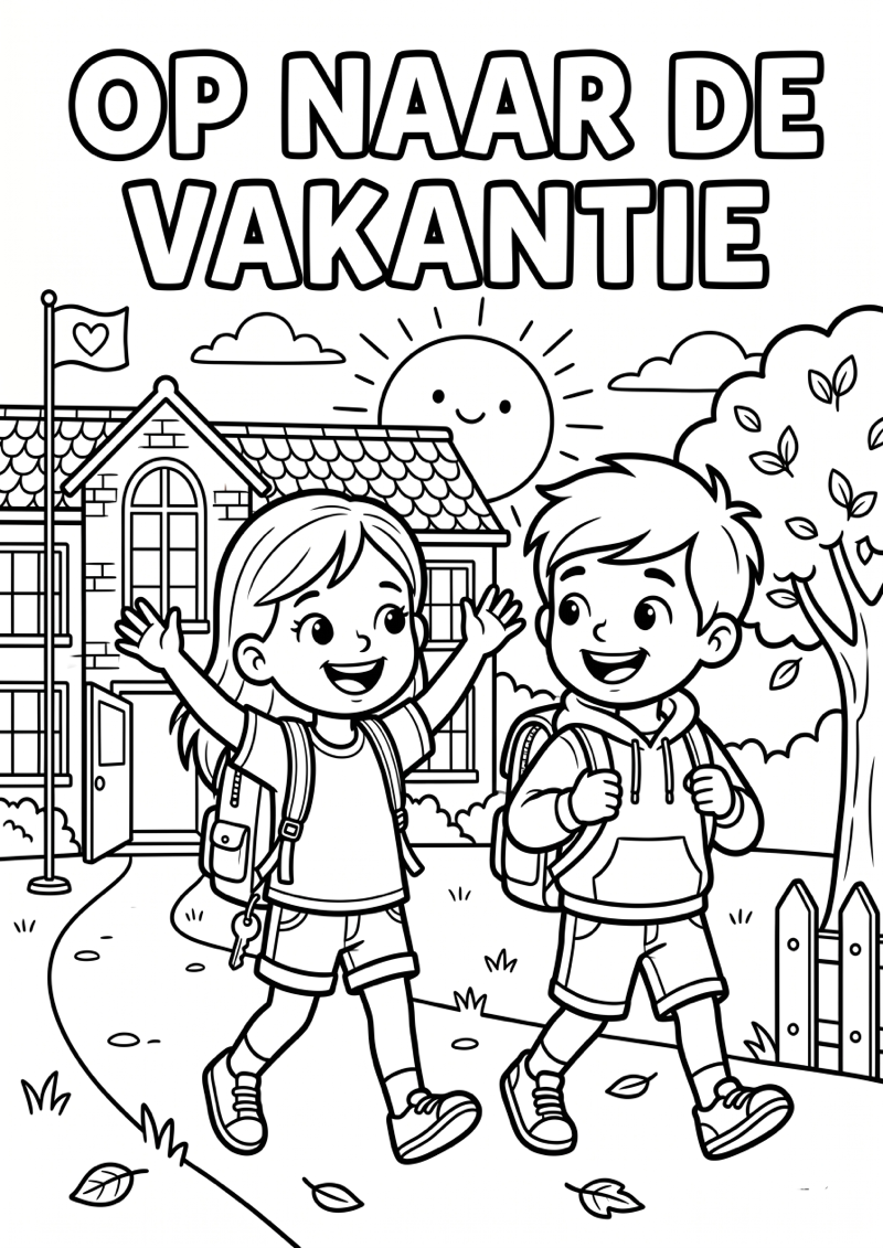 Op naar de Vakantie Einde Schooljaar Kleurplaat — gratis kleurplaat