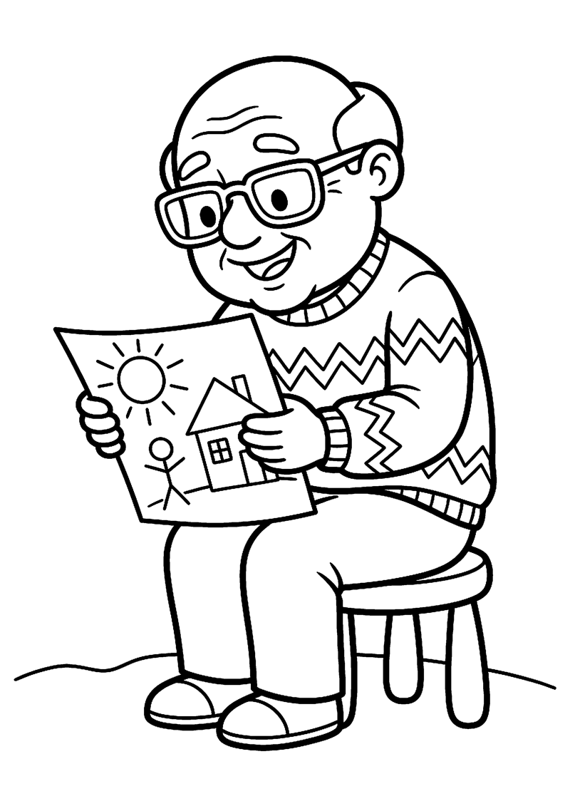 Opa Bekijkt Blij een Tekening van een Kind Opa Kleurplaat — gratis kleurplaat printen