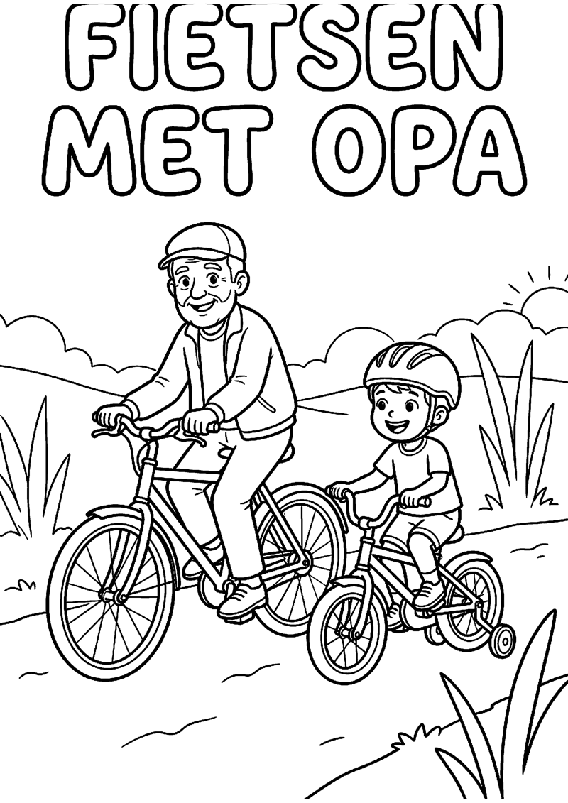Opa en Kind Fietsen Naast Elkaar met Tekst Fietsen met Opa Opa Kleurplaat — gratis kleurplaat