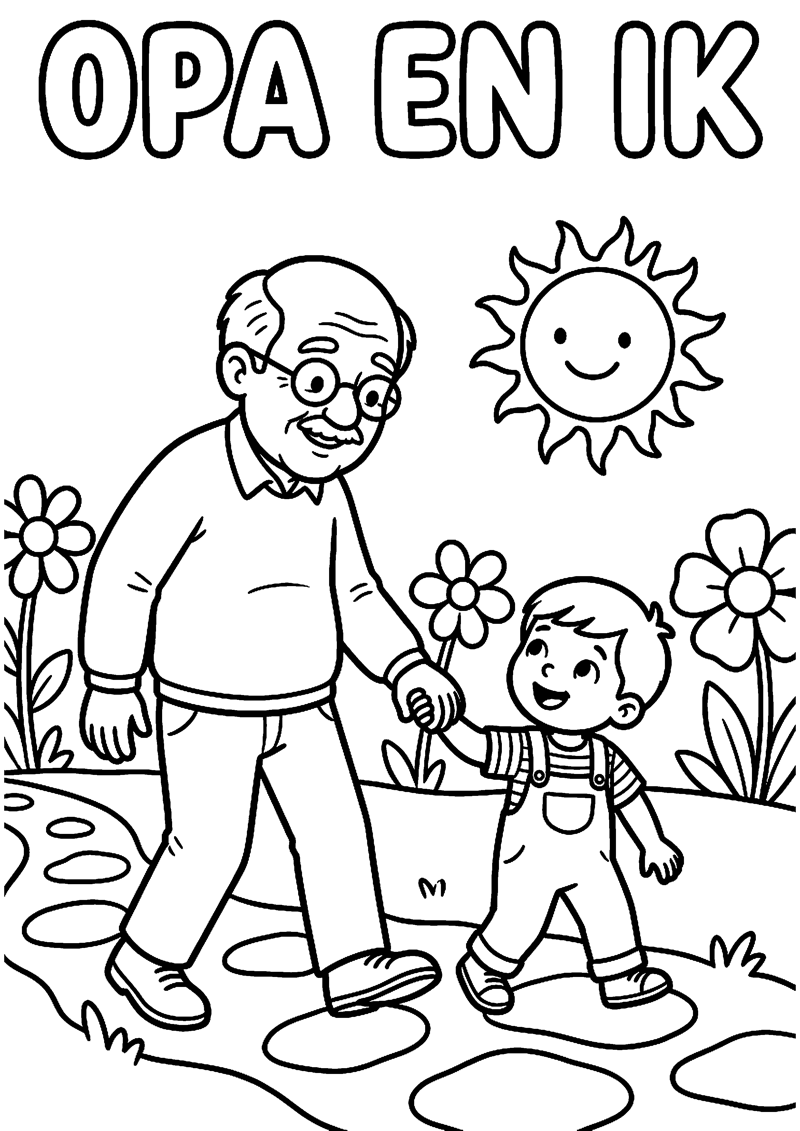 Opa en Kind Hand in Hand met Tekst Opa en Ik Opa Kleurplaat — gratis kleurplaat printen