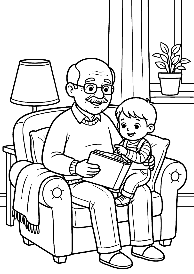 Opa en Kind Lezen Samen een Boek op de Bank Opa Kleurplaat — gratis kleurplaat