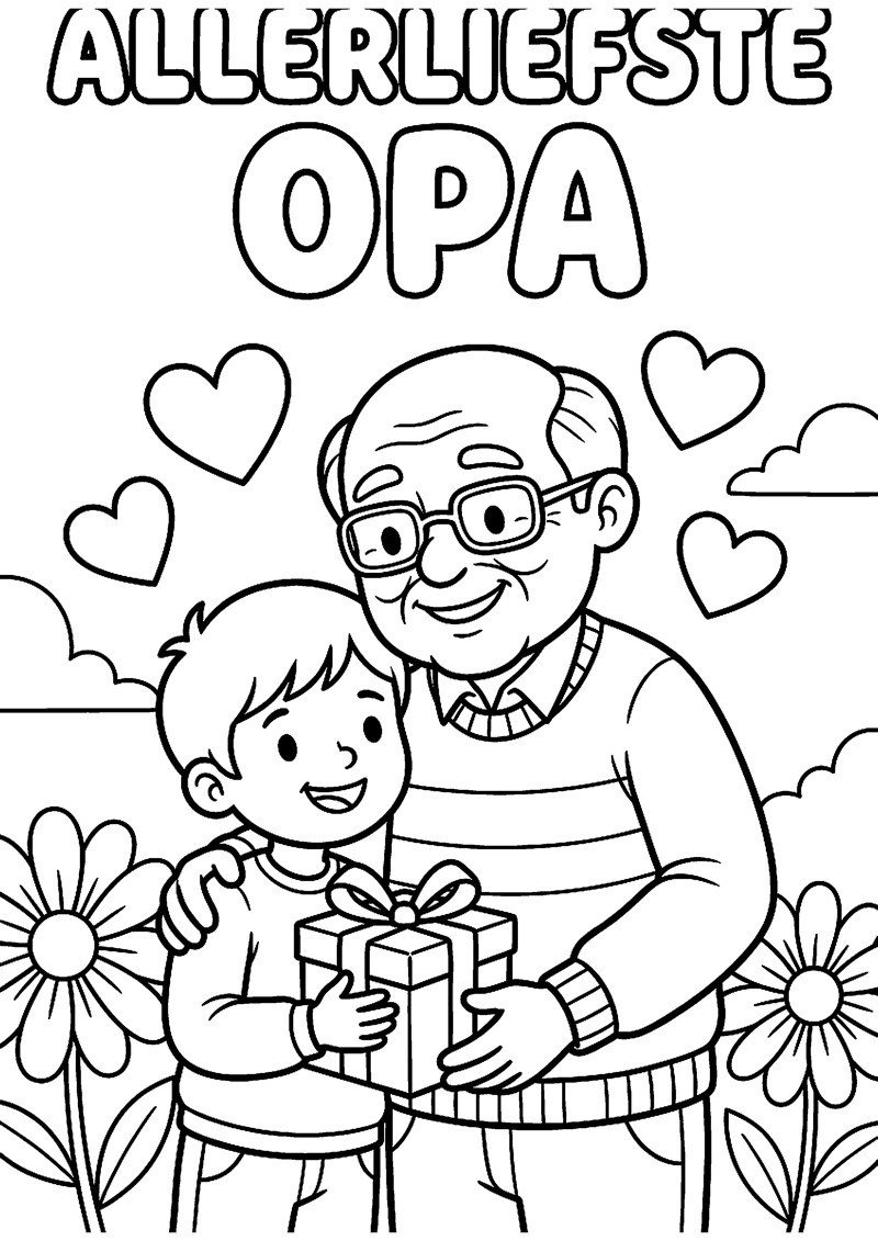 Opa en Kind met Hartjes en Cadeau met Tekst Allerliefste Opa Opa Kleurplaat — gratis kleurplaat