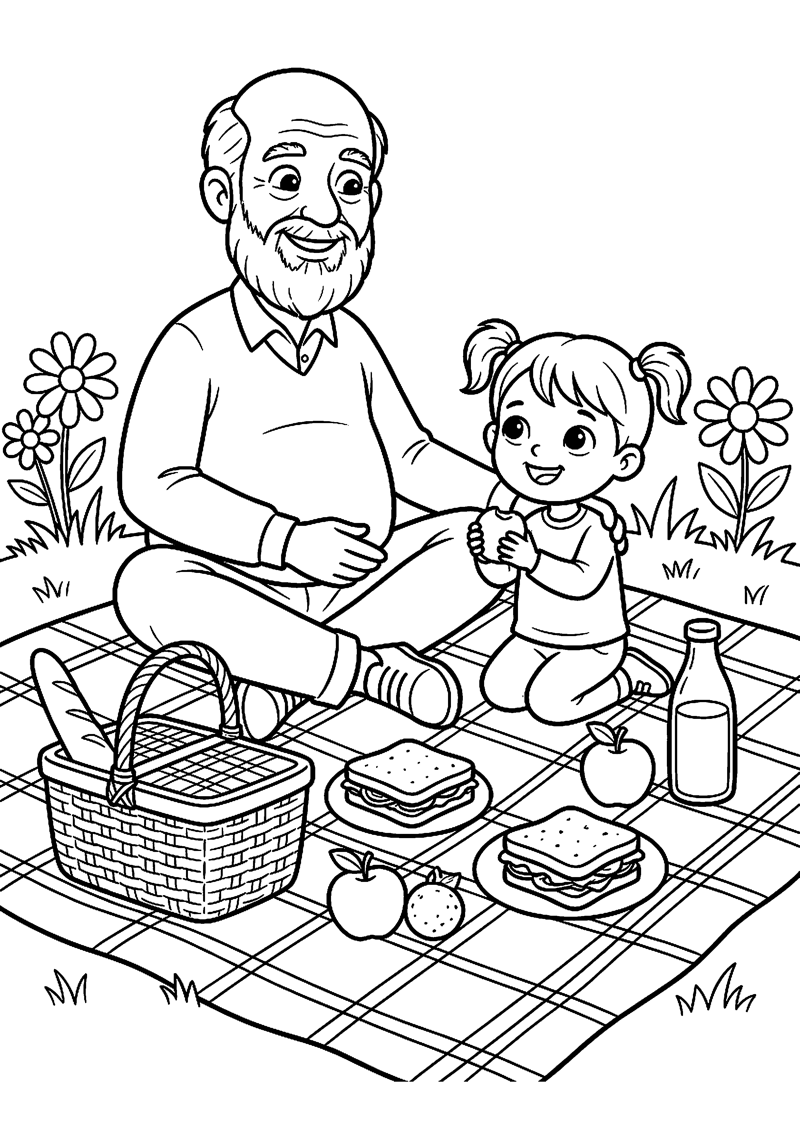 Opa en Kind op Picknickkleed met Eten en Drinken Opa Kleurplaat — gratis kleurplaat