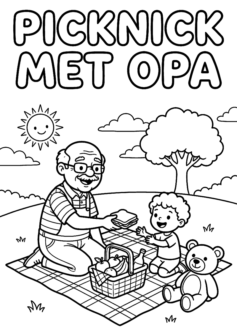 Opa en Kind op Picknickkleed met Tekst Picknick met Opa Opa Kleurplaat — gratis kleurplaat printen