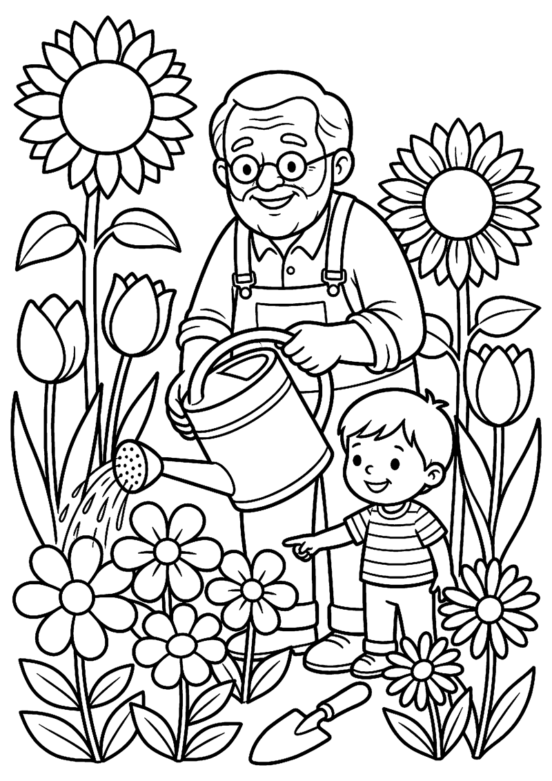 Opa en Kind Samen in de Tuin met Bloemen en Gietertje Opa Kleurplaat — gratis kleurplaat
