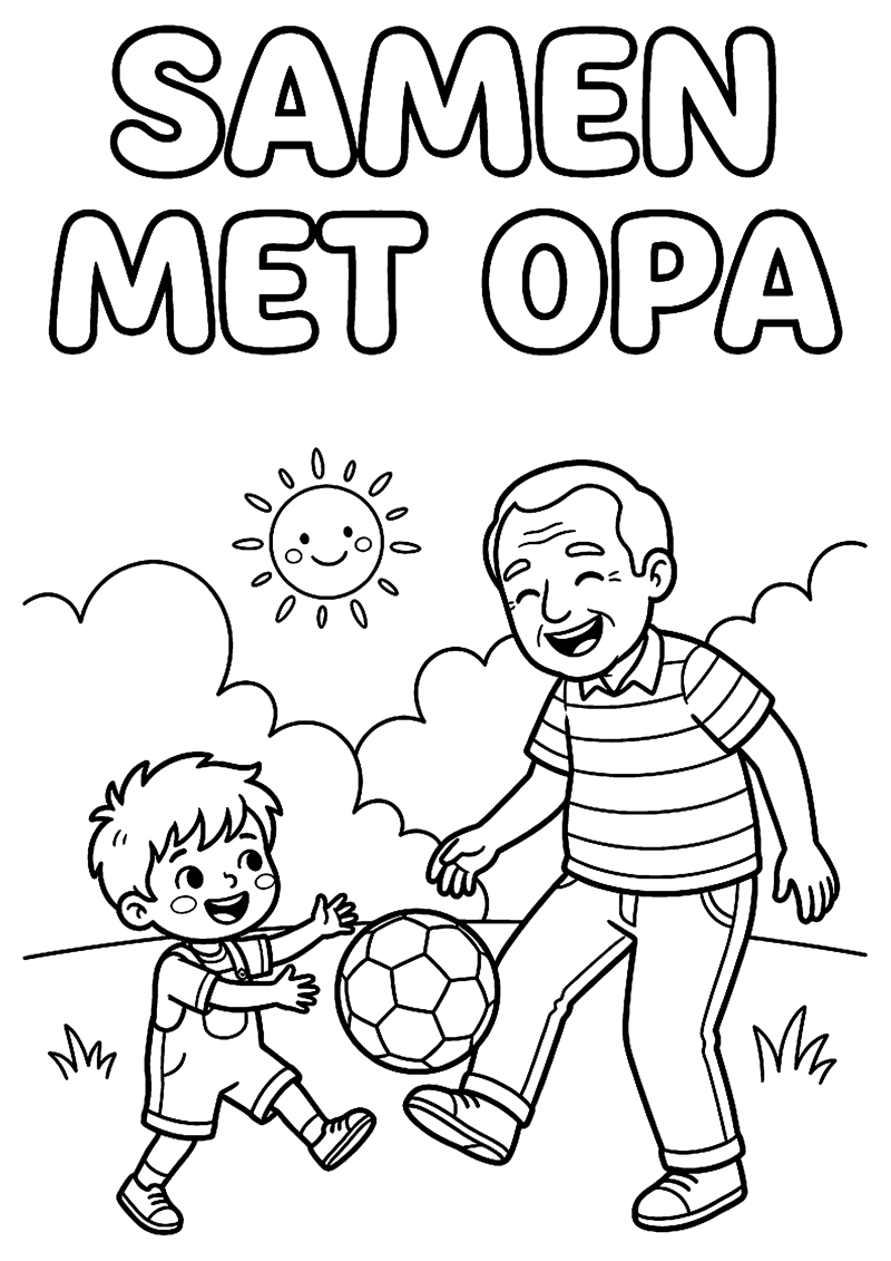 Opa en Kind Spelen Samen met Bal met Tekst Samen met Opa Opa Kleurplaat — gratis kleurplaat printen