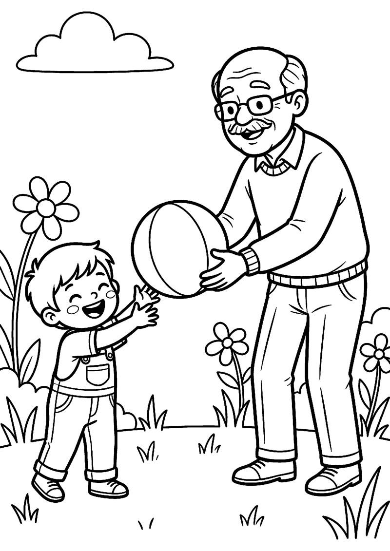 Opa en Kind Spelen Samen met een Bal Opa Kleurplaat — gratis kleurplaat