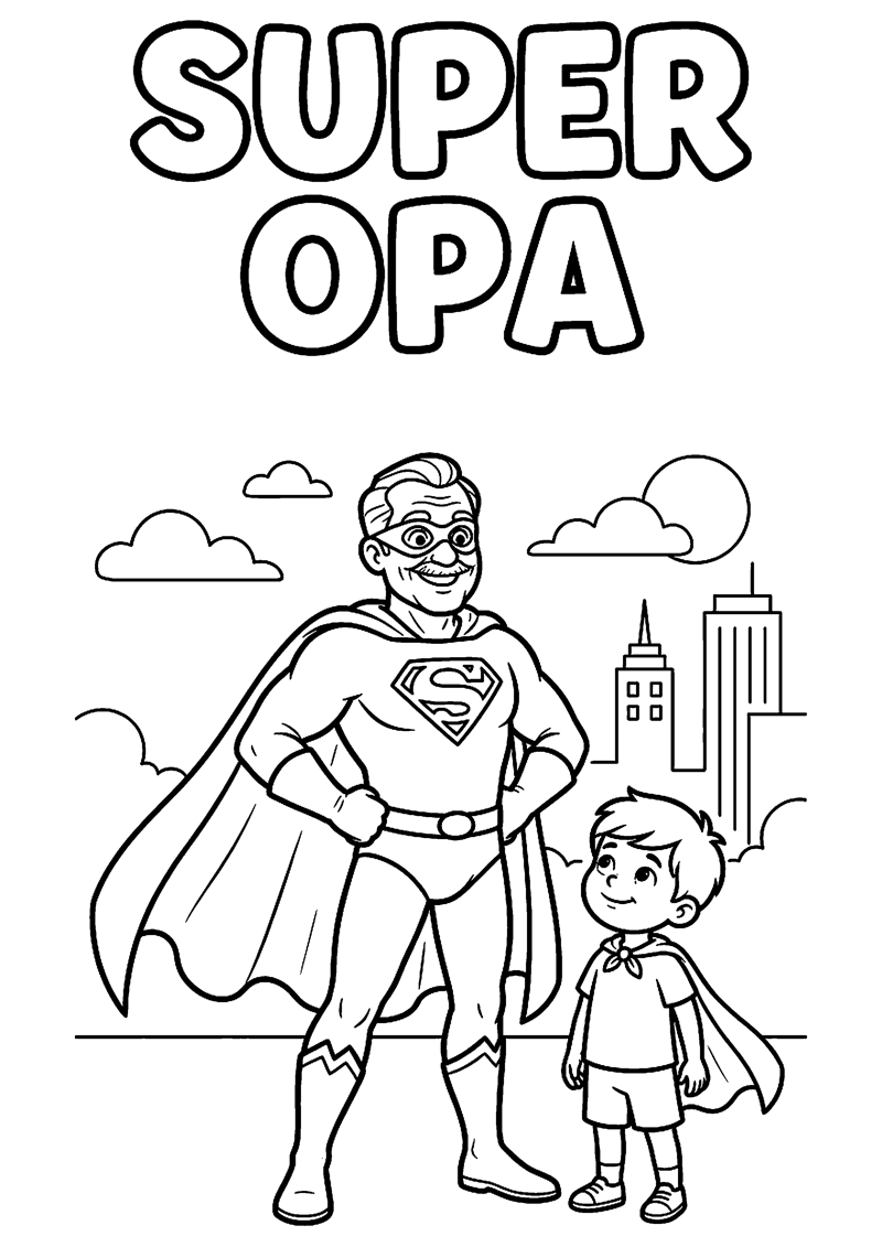 Opa in Superheldenstijl met Cape met Kind Ernaast met Tekst Super Opa Opa Kleurplaat — gratis kleurplaat