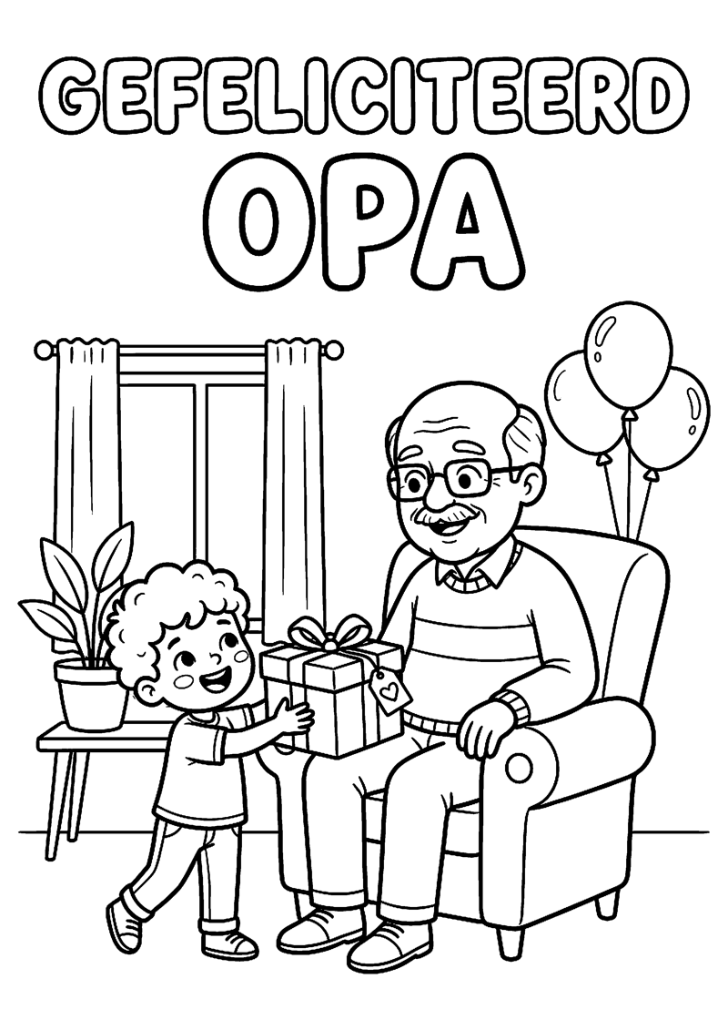 Opa Krijgt Cadeau van Kind met Tekst Gefeliciteerd Opa Opa Kleurplaat — gratis kleurplaat printen