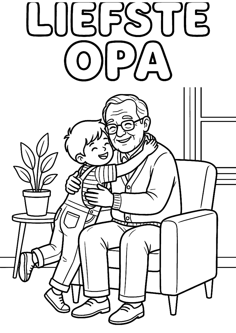 Opa Krijgt Knuffel van Kind met Tekst Liefste Opa Opa Kleurplaat — gratis kleurplaat printen