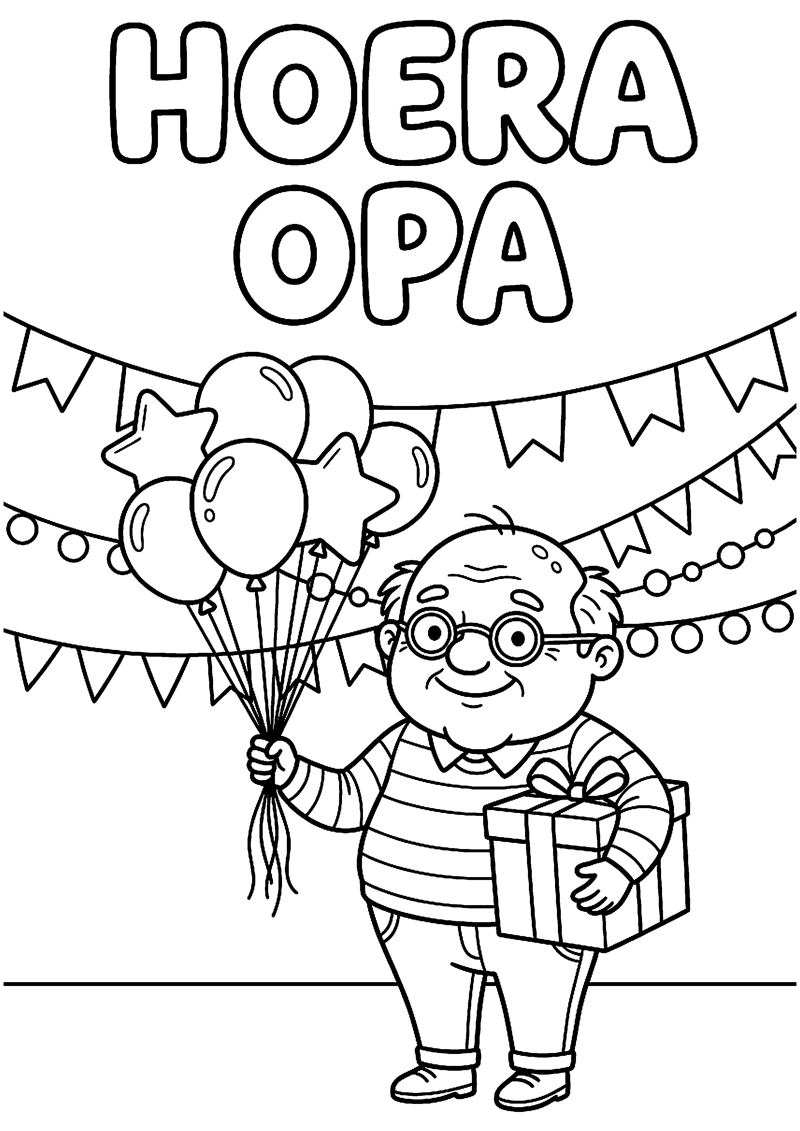 Opa met Ballonnen Slingers en Cadeau met Tekst Hoera Opa Opa Kleurplaat — gratis kleurplaat