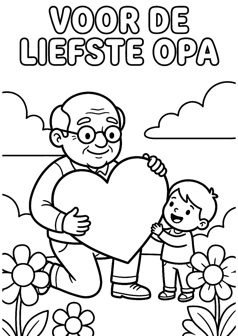 Opa met Groot Hart Vast met Kind Ernaast met Tekst voor de Liefste Opa Opa Kleurplaat — gratis kleurplaat
