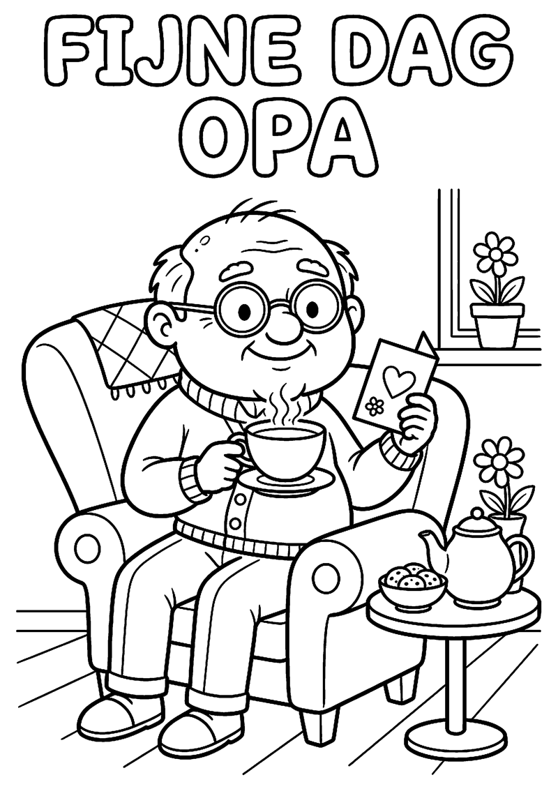 Opa met Kopje Thee en Kaartje met Tekst Fijne Dag Opa Opa Kleurplaat — gratis kleurplaat