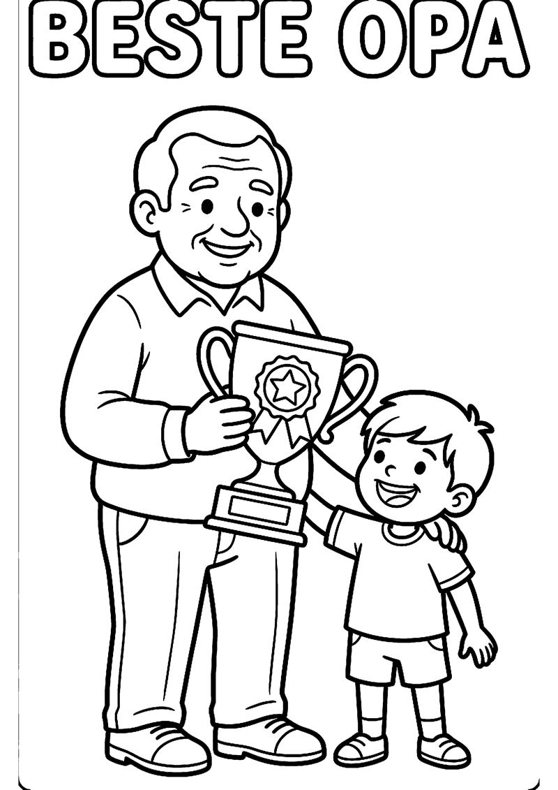 Opa met Trofee en Kind Trots Ernaast met Tekst Beste Opa Opa Kleurplaat — gratis kleurplaat