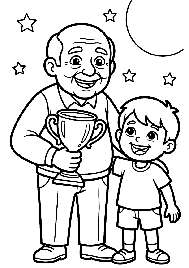 Opa met Trofee en Kind Trots Ernaast Opa Kleurplaat — gratis kleurplaat