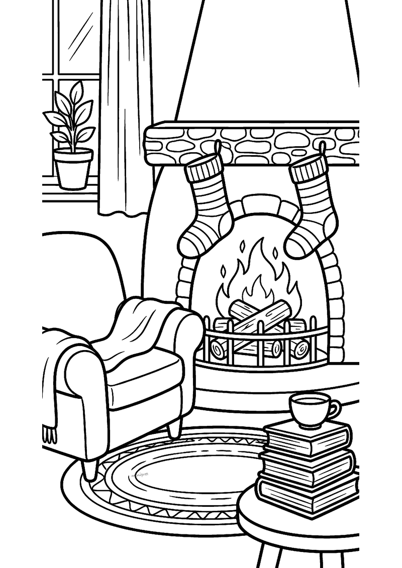 Kleurplaat van een open haard met vuur, twee sokken, fauteuil, boekenstapel en kopje thee